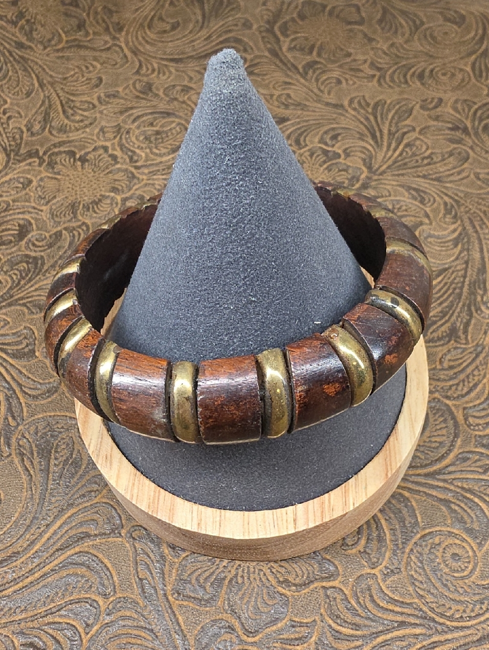 Vintage Chunky Wood Gold Tone Brass Boho Statement Bangle Bracelet